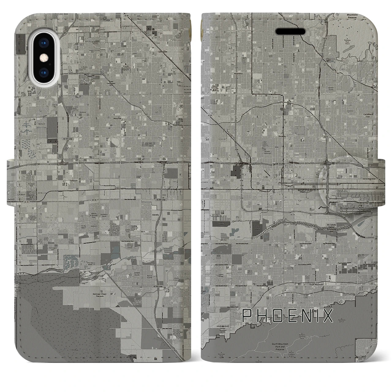 【フェニックス(アメリカ)】地図柄iPhoneケース(手帳タイプ)モノトーン・iPhone XS Max 用