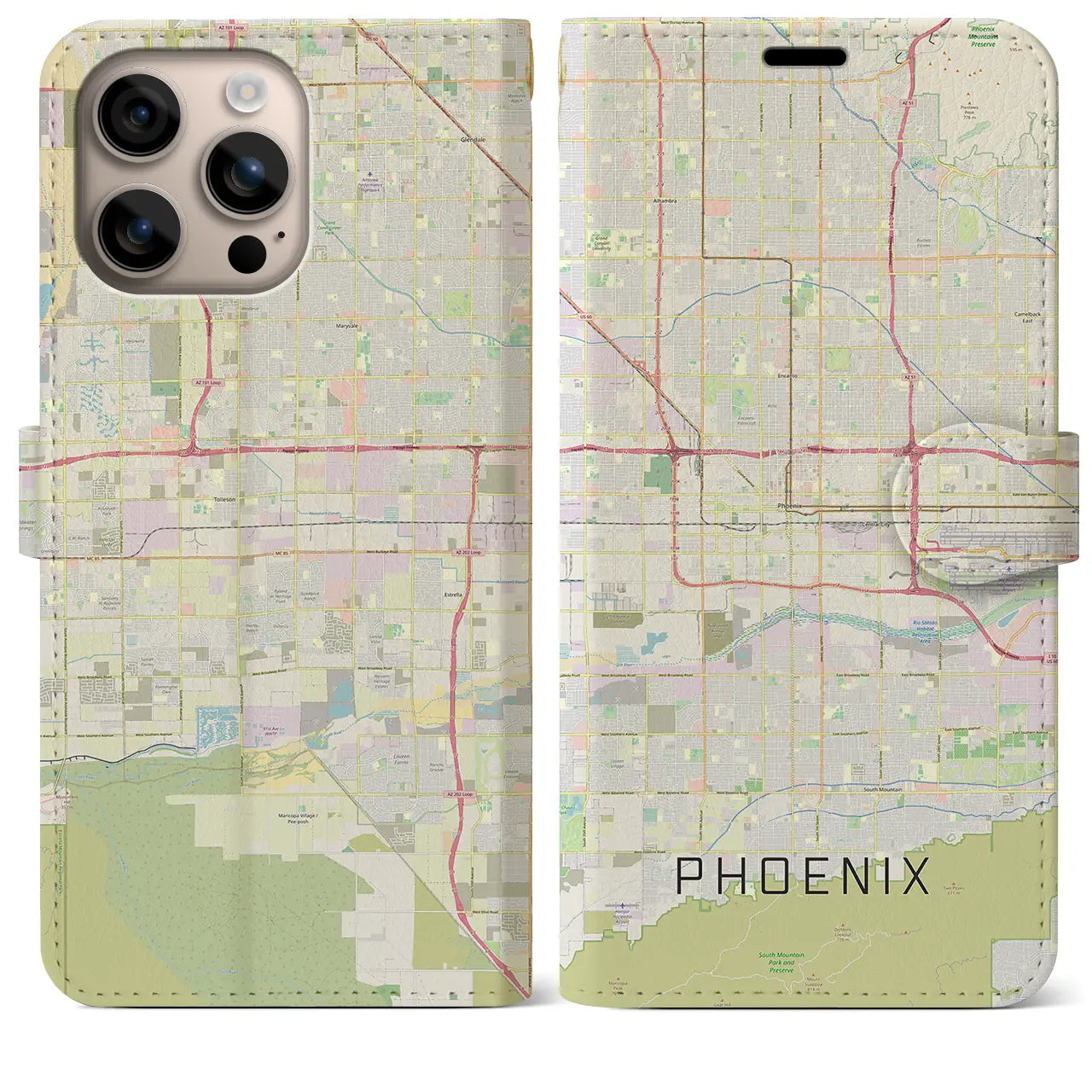 【フェニックス(アメリカ)】地図柄iPhoneケース(手帳タイプ)ナチュラル・iPhone 16 Plus 用