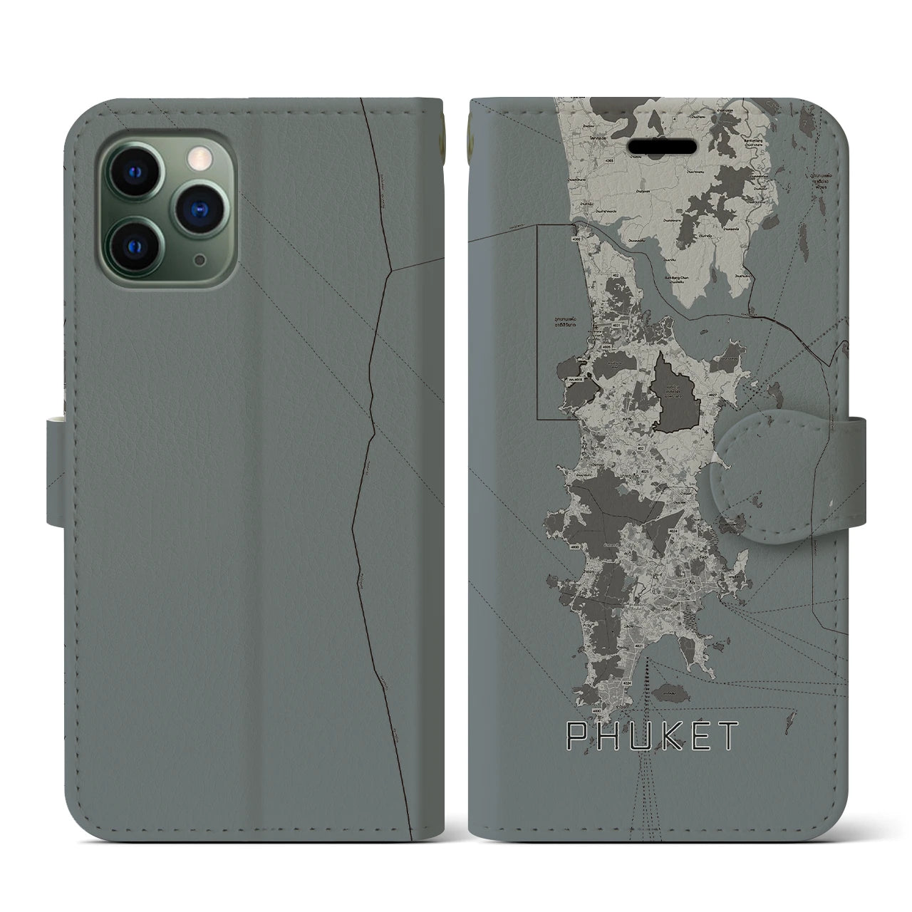 【プーケット(タイ)】地図柄iPhoneケース(手帳タイプ)モノトーン・iPhone 11 Pro 用