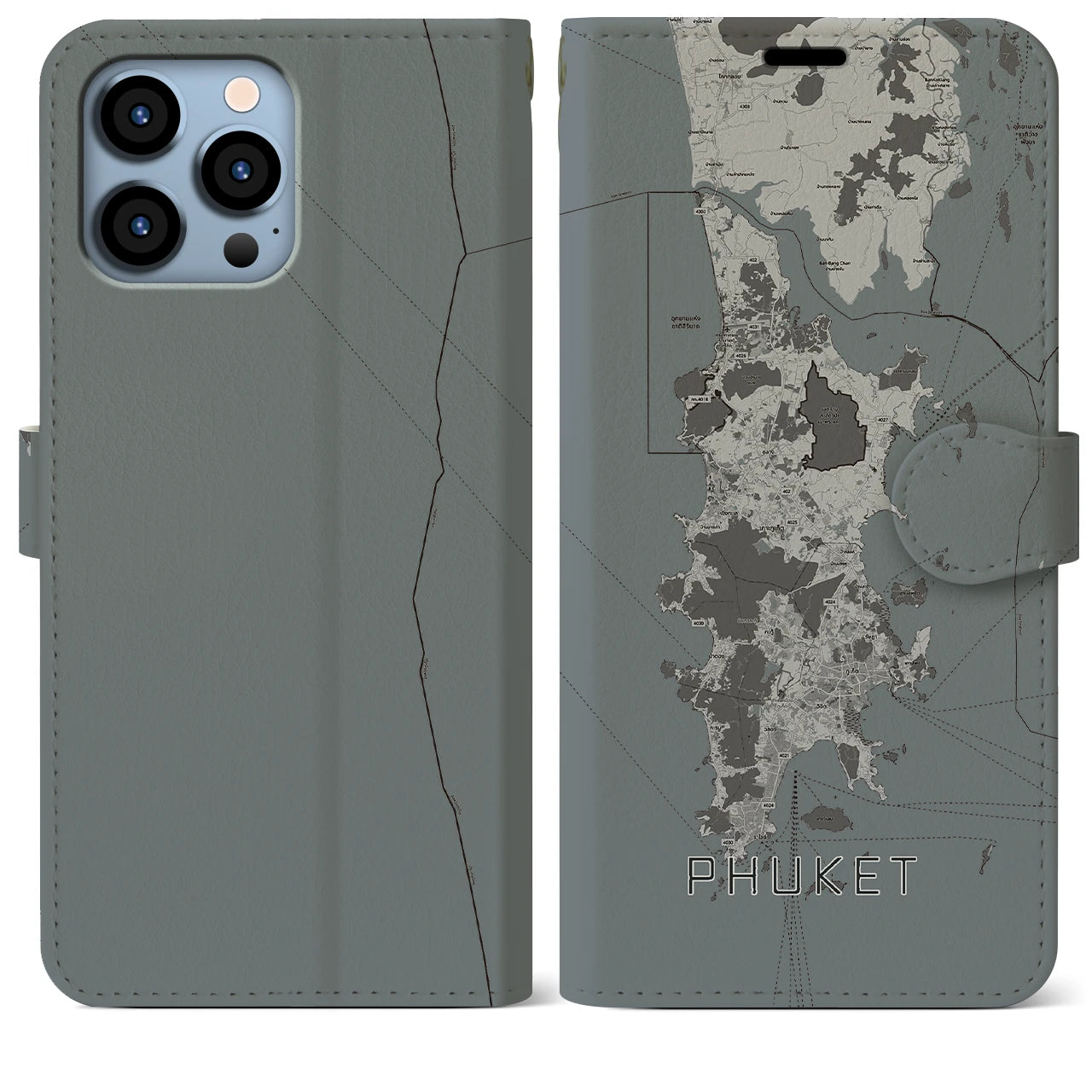 【プーケット(タイ)】地図柄iPhoneケース(手帳タイプ)モノトーン・iPhone 13 Pro Max 用