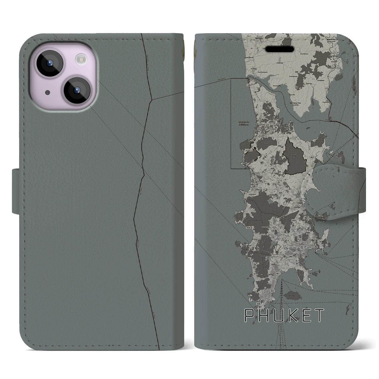【プーケット(タイ)】地図柄iPhoneケース(手帳タイプ)モノトーン・iPhone 14 用