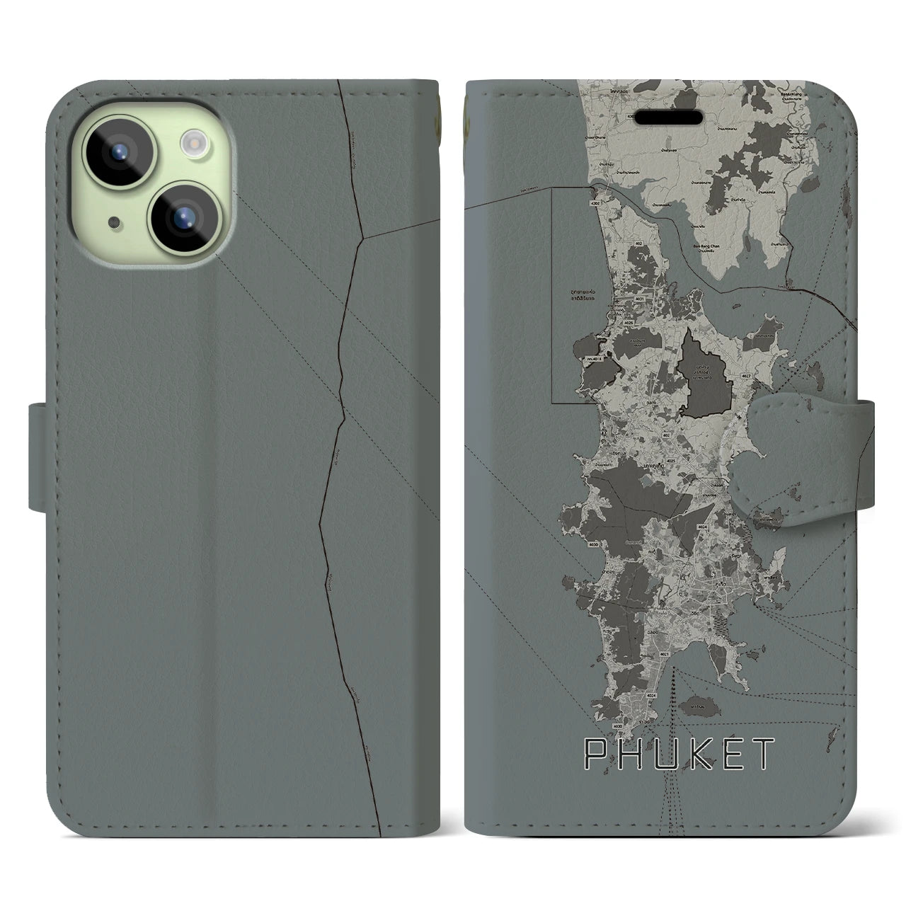 【プーケット(タイ)】地図柄iPhoneケース(手帳タイプ)モノトーン・iPhone 15 用
