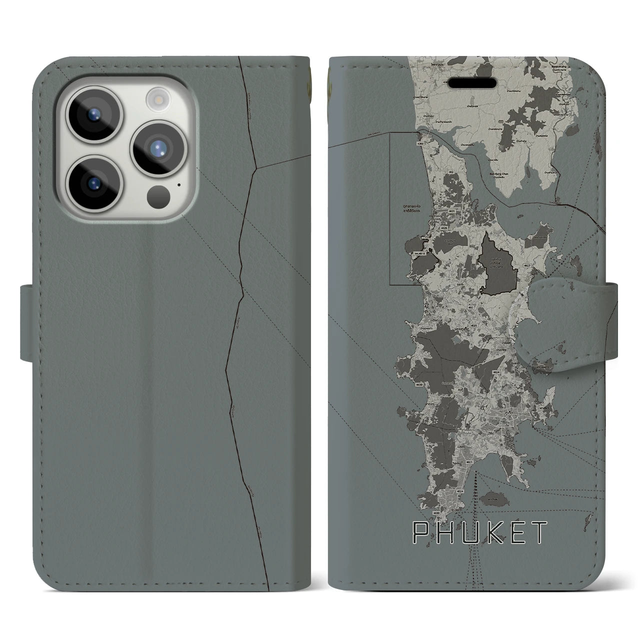 【プーケット(タイ)】地図柄iPhoneケース(手帳タイプ)モノトーン・iPhone 15 Pro 用