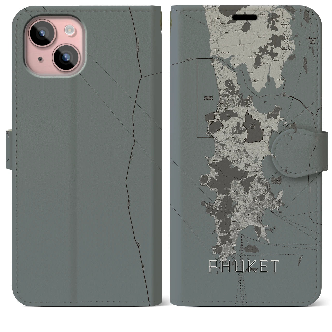【プーケット(タイ)】地図柄iPhoneケース(手帳タイプ)モノトーン・iPhone 15 Plus 用