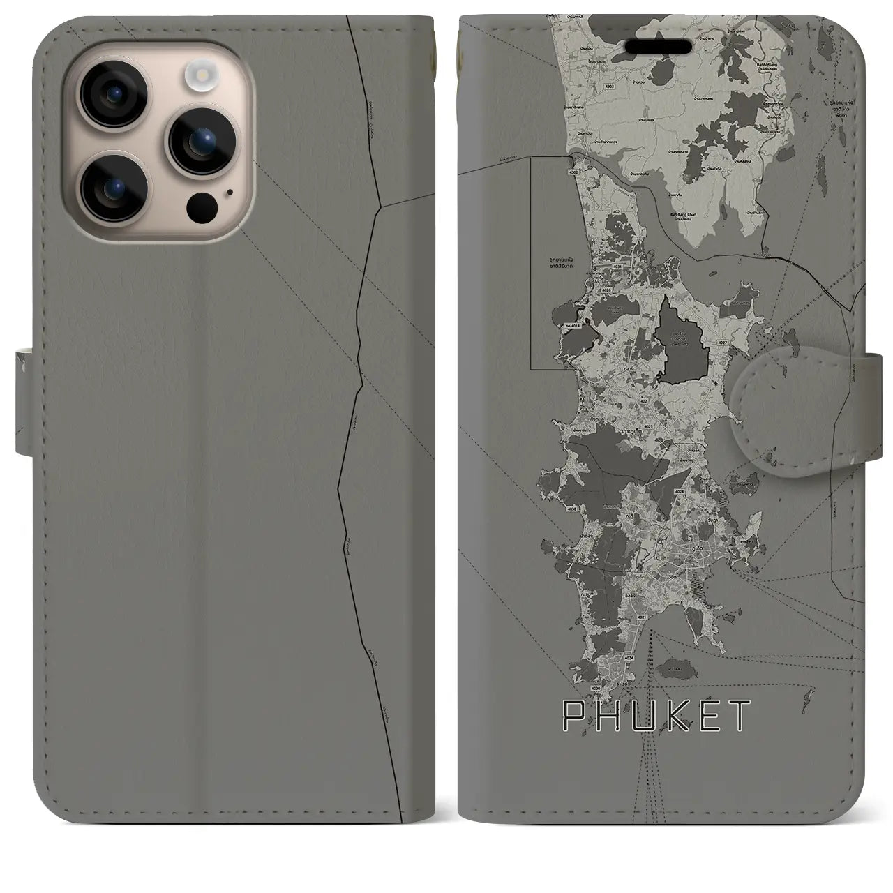 【プーケット(タイ)】地図柄iPhoneケース(手帳タイプ)モノトーン・iPhone 16 Plus 用