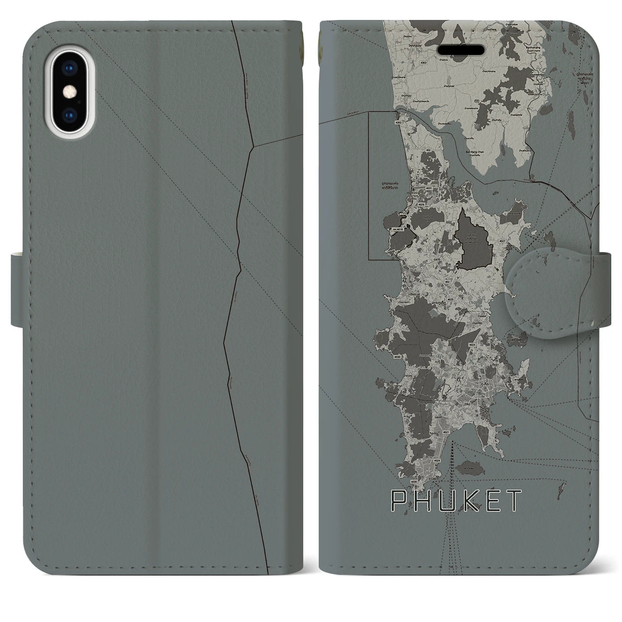 【プーケット(タイ)】地図柄iPhoneケース(手帳タイプ)モノトーン・iPhone XS Max 用