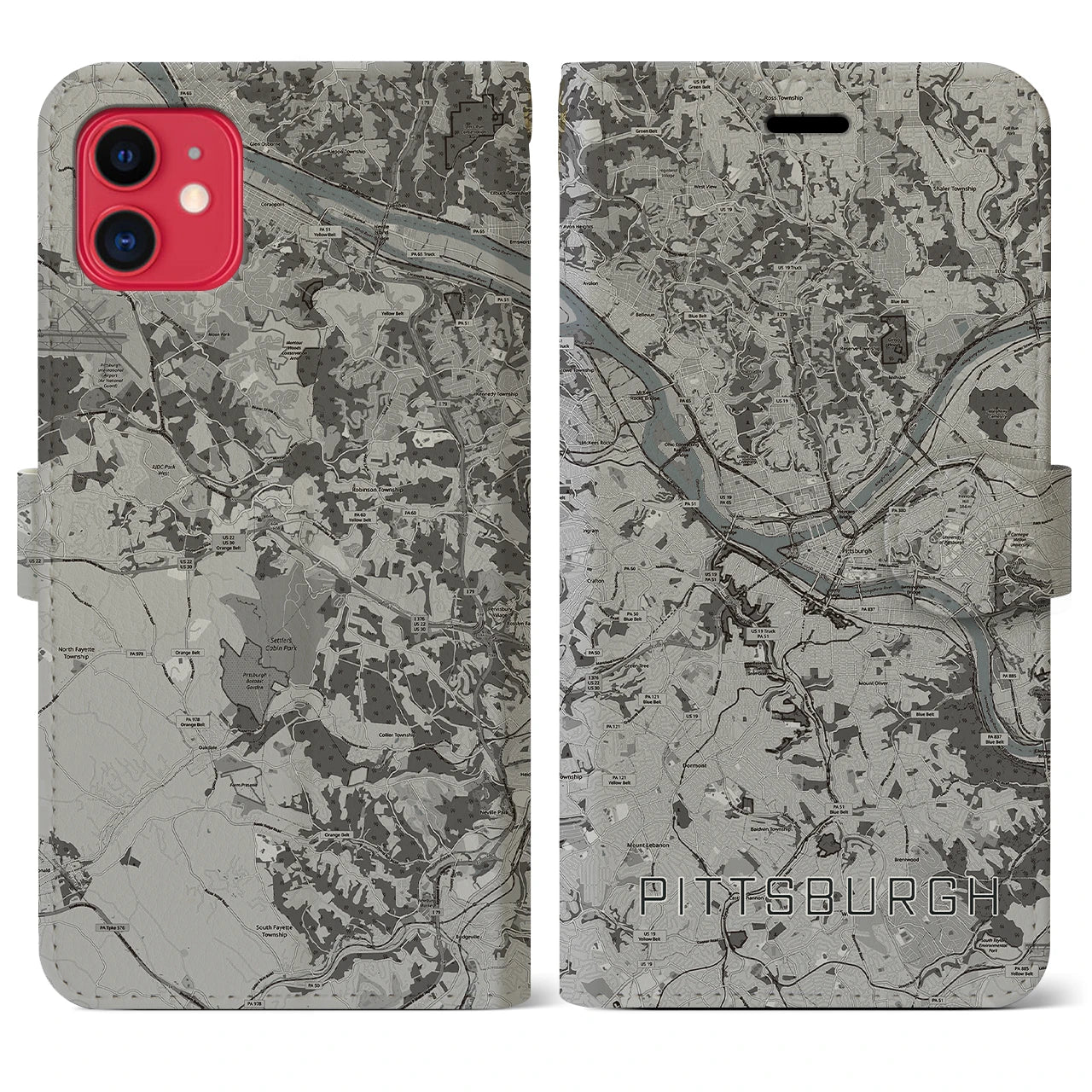 【ピッツバーグ(アメリカ)】地図柄iPhoneケース(手帳タイプ)モノトーン・iPhone 11 用