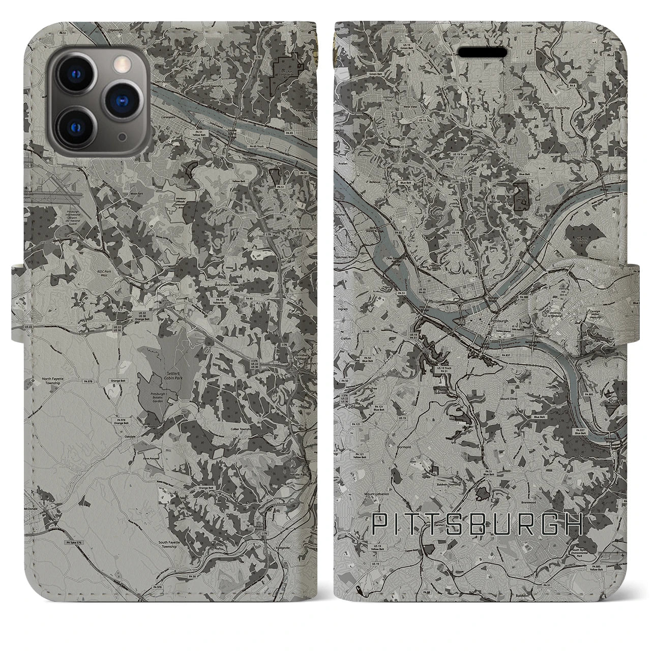 【ピッツバーグ(アメリカ)】地図柄iPhoneケース(手帳タイプ)モノトーン・iPhone 11 Pro Max 用