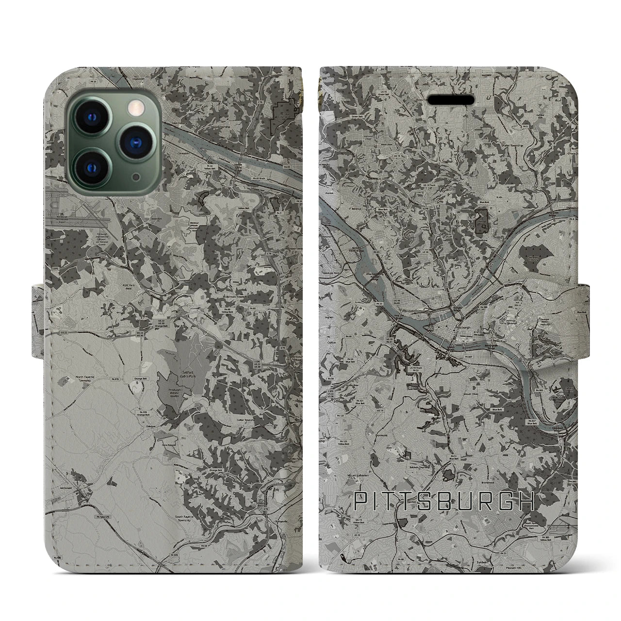 【ピッツバーグ(アメリカ)】地図柄iPhoneケース(手帳タイプ)モノトーン・iPhone 11 Pro 用