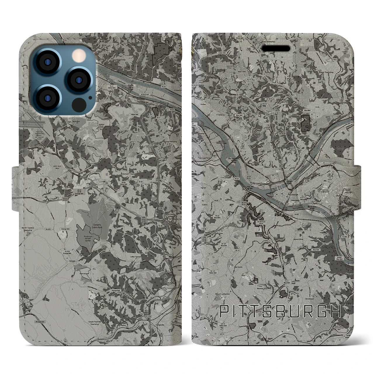 【ピッツバーグ(アメリカ)】地図柄iPhoneケース(手帳タイプ)モノトーン・iPhone 12 / 12 Pro 用