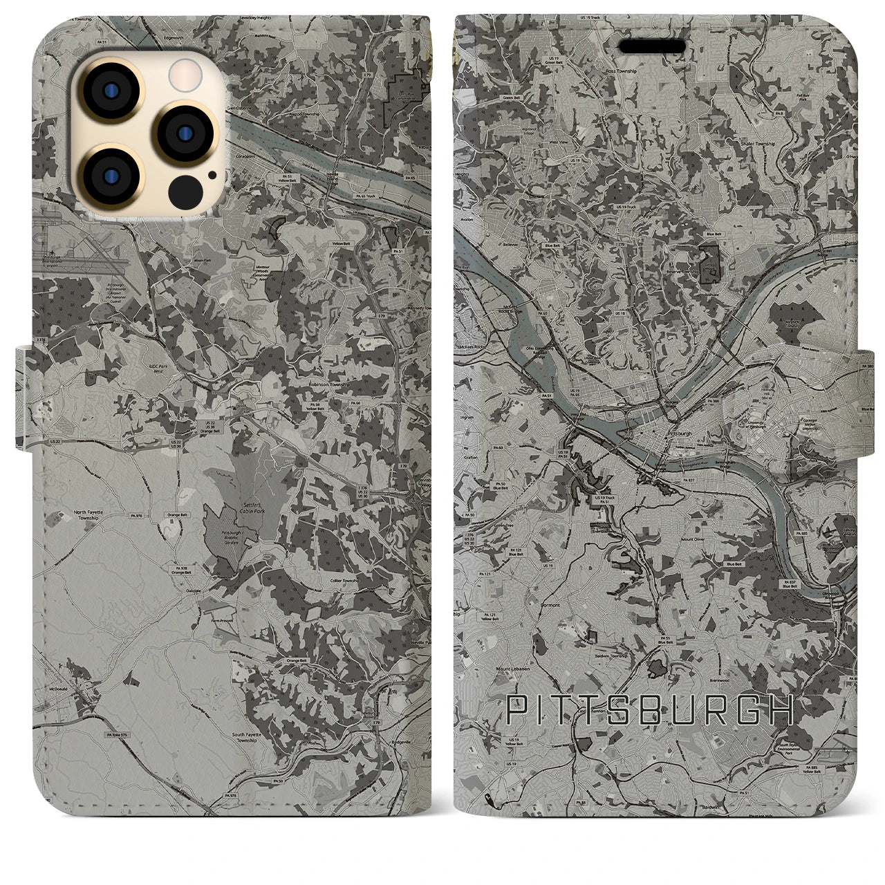 【ピッツバーグ(アメリカ)】地図柄iPhoneケース(手帳タイプ)モノトーン・iPhone 12 Pro Max 用