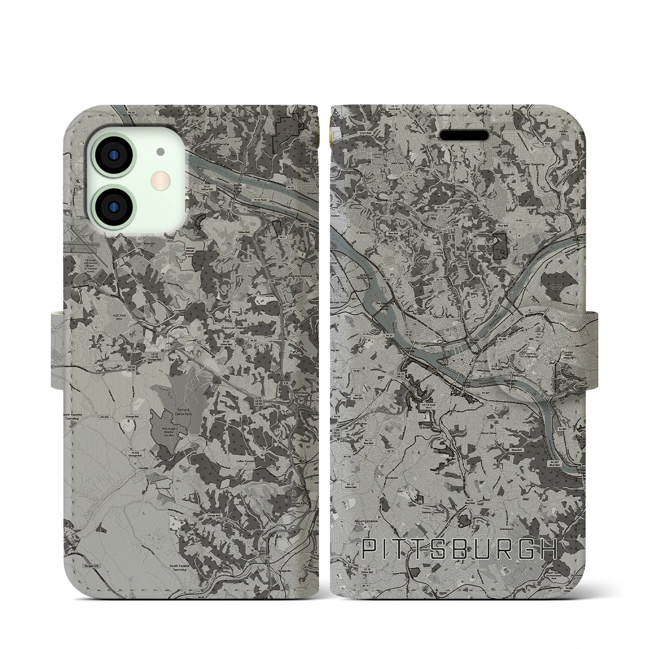 【ピッツバーグ(アメリカ)】地図柄iPhoneケース(手帳タイプ)モノトーン・iPhone 12 mini 用