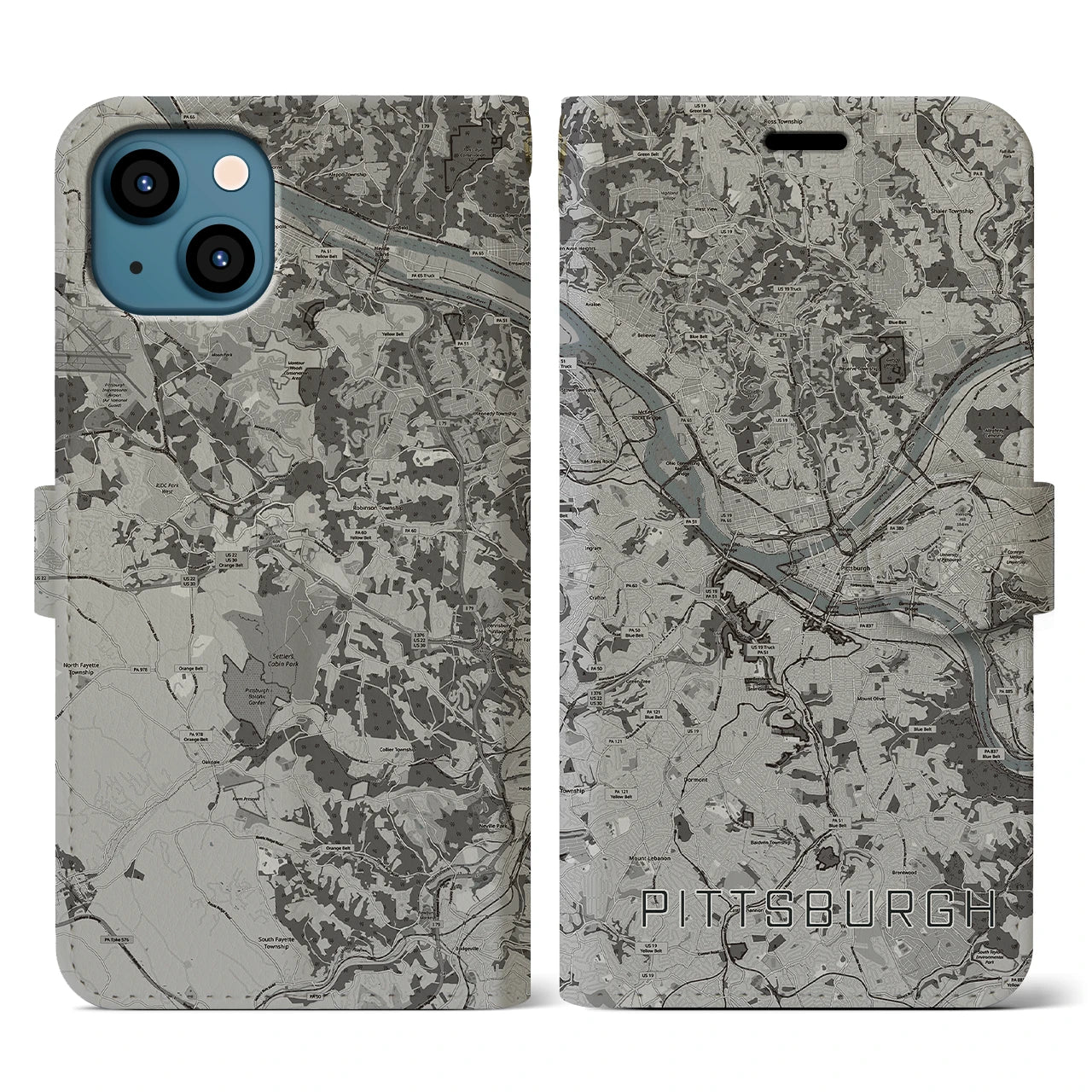 【ピッツバーグ(アメリカ)】地図柄iPhoneケース(手帳タイプ)モノトーン・iPhone 13 用