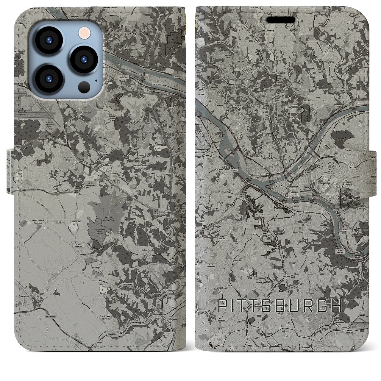 【ピッツバーグ(アメリカ)】地図柄iPhoneケース(手帳タイプ)モノトーン・iPhone 13 Pro Max 用