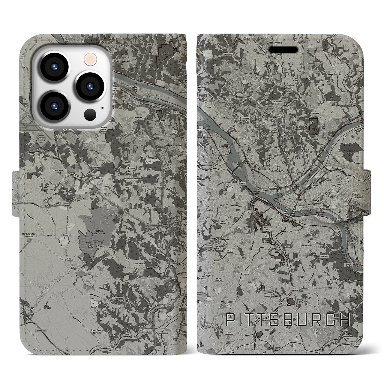 【ピッツバーグ(アメリカ)】地図柄iPhoneケース(手帳タイプ)モノトーン・iPhone 13 Pro 用