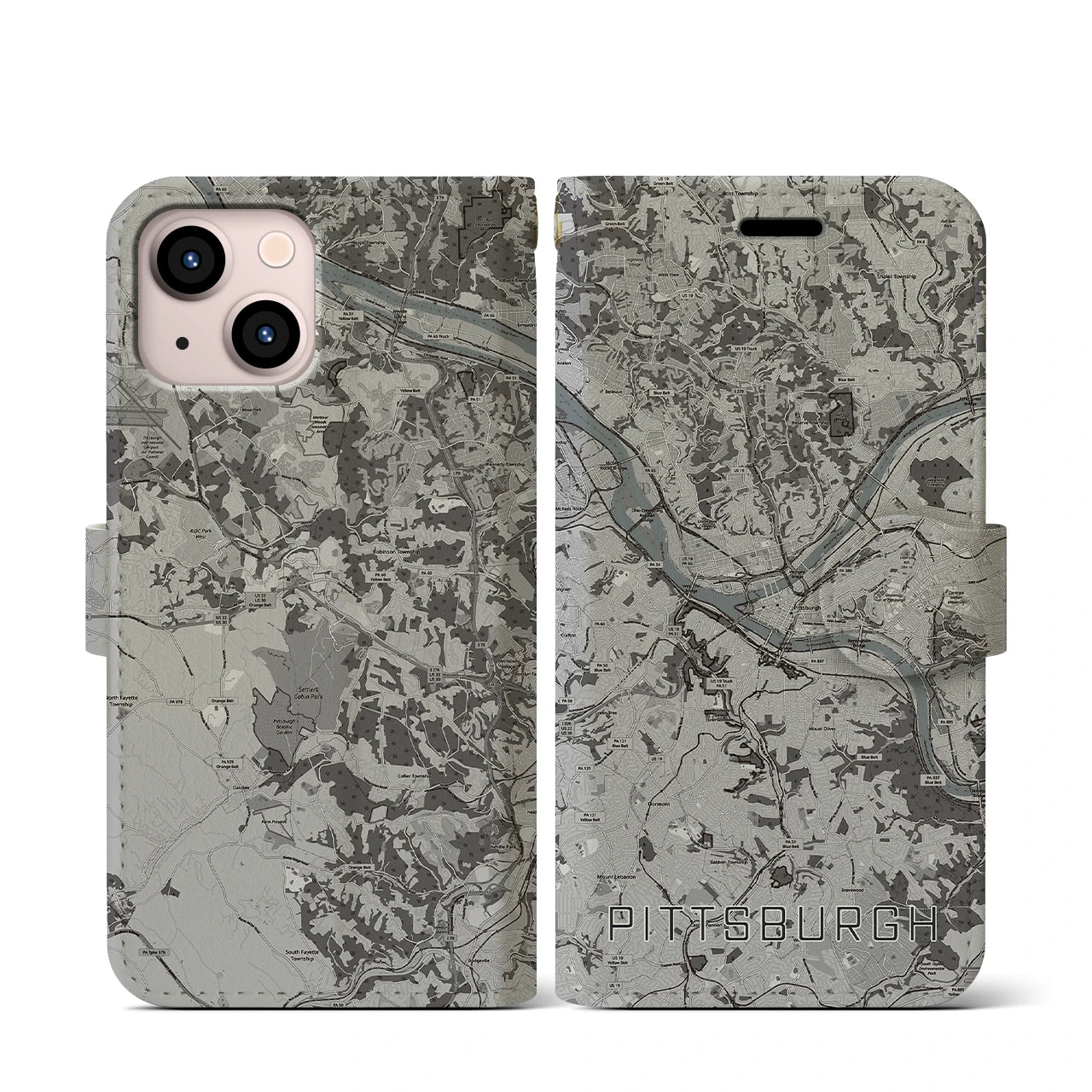 【ピッツバーグ(アメリカ)】地図柄iPhoneケース(手帳タイプ)モノトーン・iPhone 13 mini 用