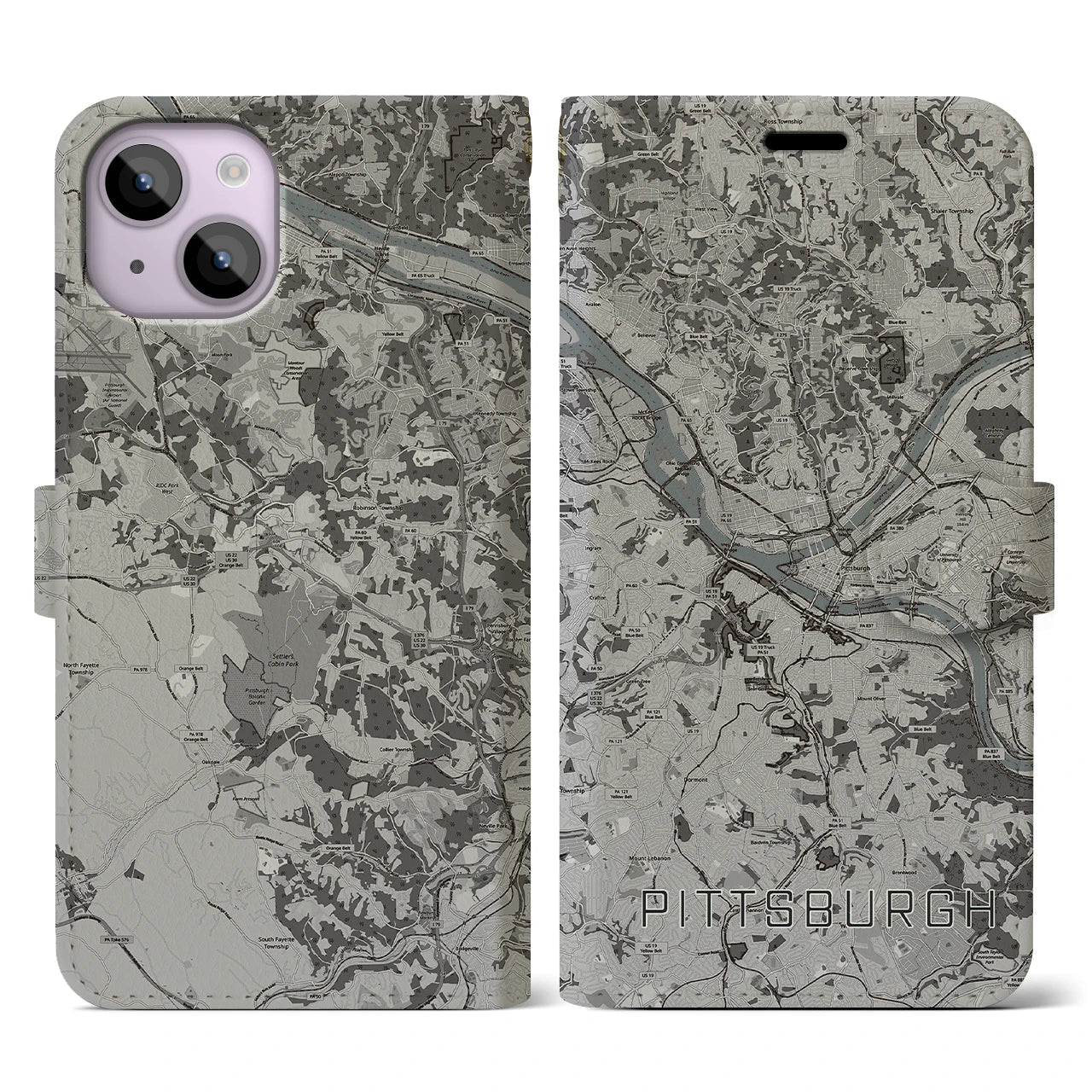 【ピッツバーグ(アメリカ)】地図柄iPhoneケース(手帳タイプ)モノトーン・iPhone 14 用