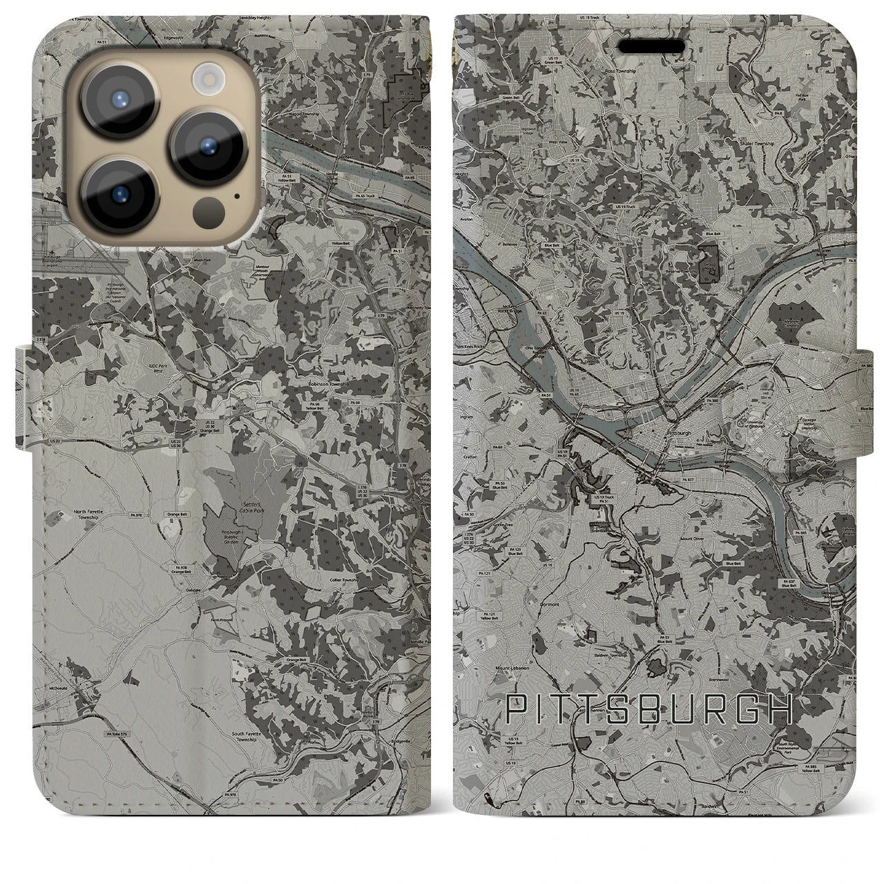 【ピッツバーグ(アメリカ)】地図柄iPhoneケース(手帳タイプ)モノトーン・iPhone 14 Pro Max 用
