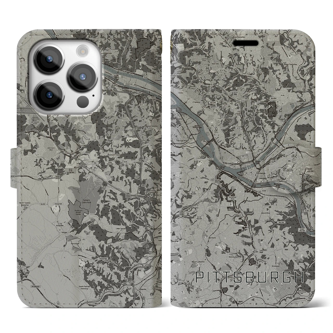 【ピッツバーグ(アメリカ)】地図柄iPhoneケース(手帳タイプ)モノトーン・iPhone 14 Pro 用
