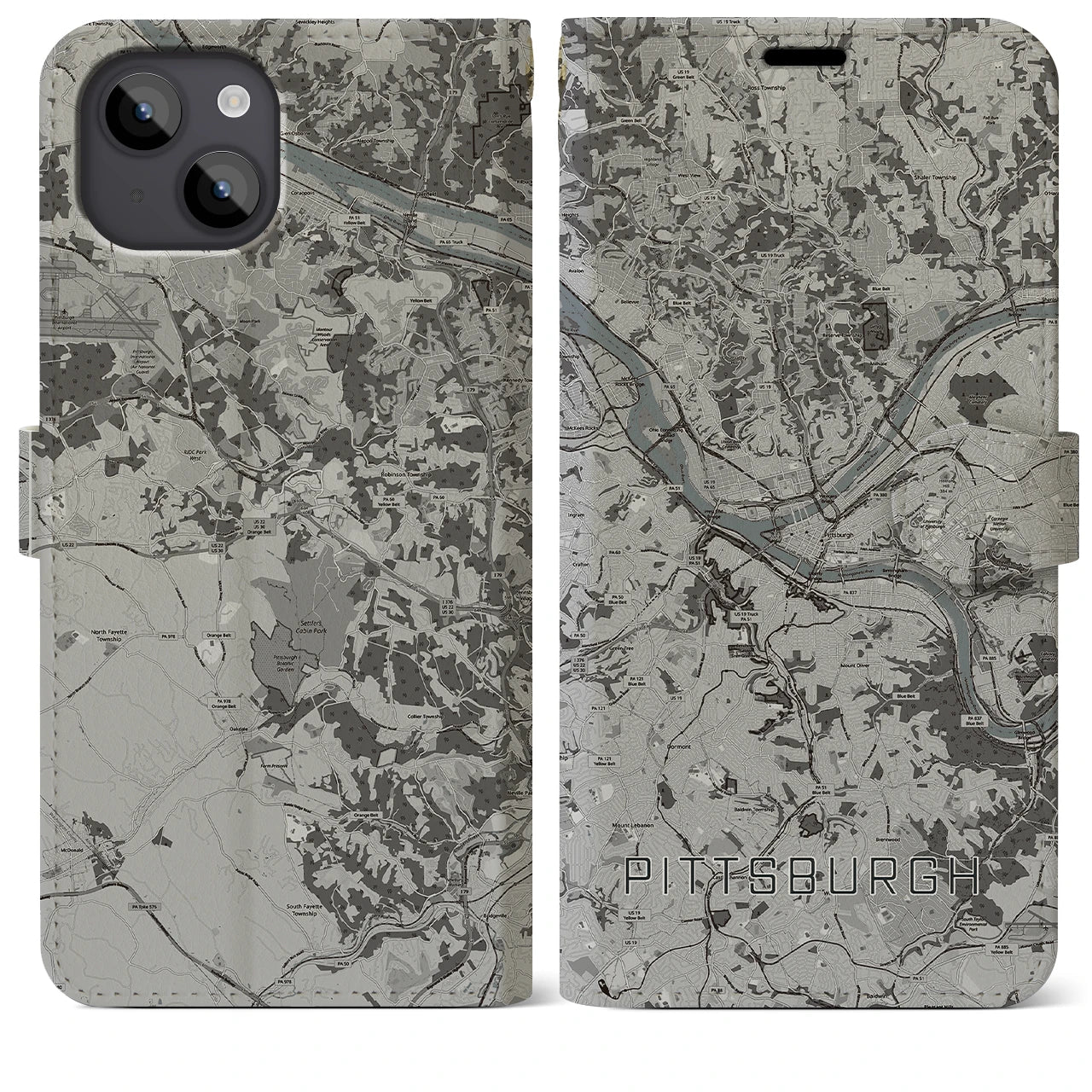 【ピッツバーグ(アメリカ)】地図柄iPhoneケース(手帳タイプ)モノトーン・iPhone 14 Plus 用