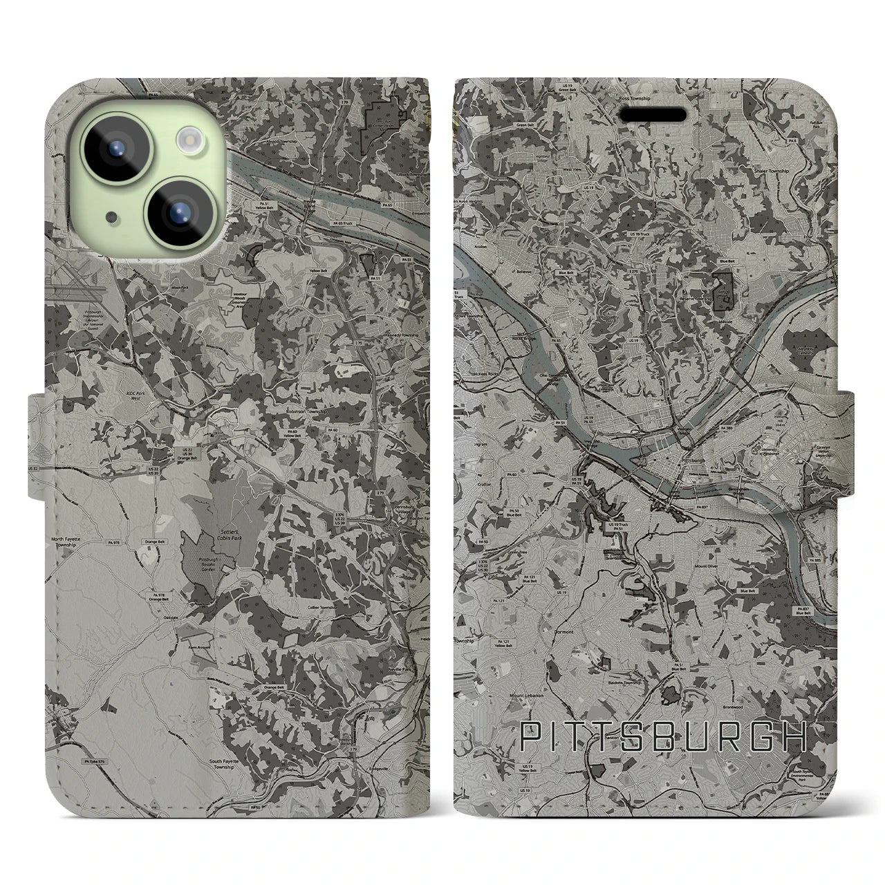 【ピッツバーグ(アメリカ)】地図柄iPhoneケース(手帳タイプ)モノトーン・iPhone 15 用