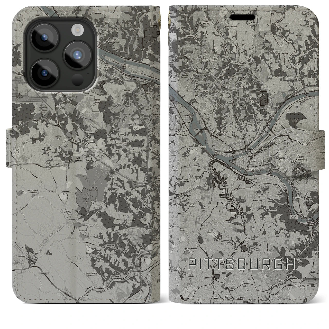 【ピッツバーグ(アメリカ)】地図柄iPhoneケース(手帳タイプ)モノトーン・iPhone 15 Pro Max 用
