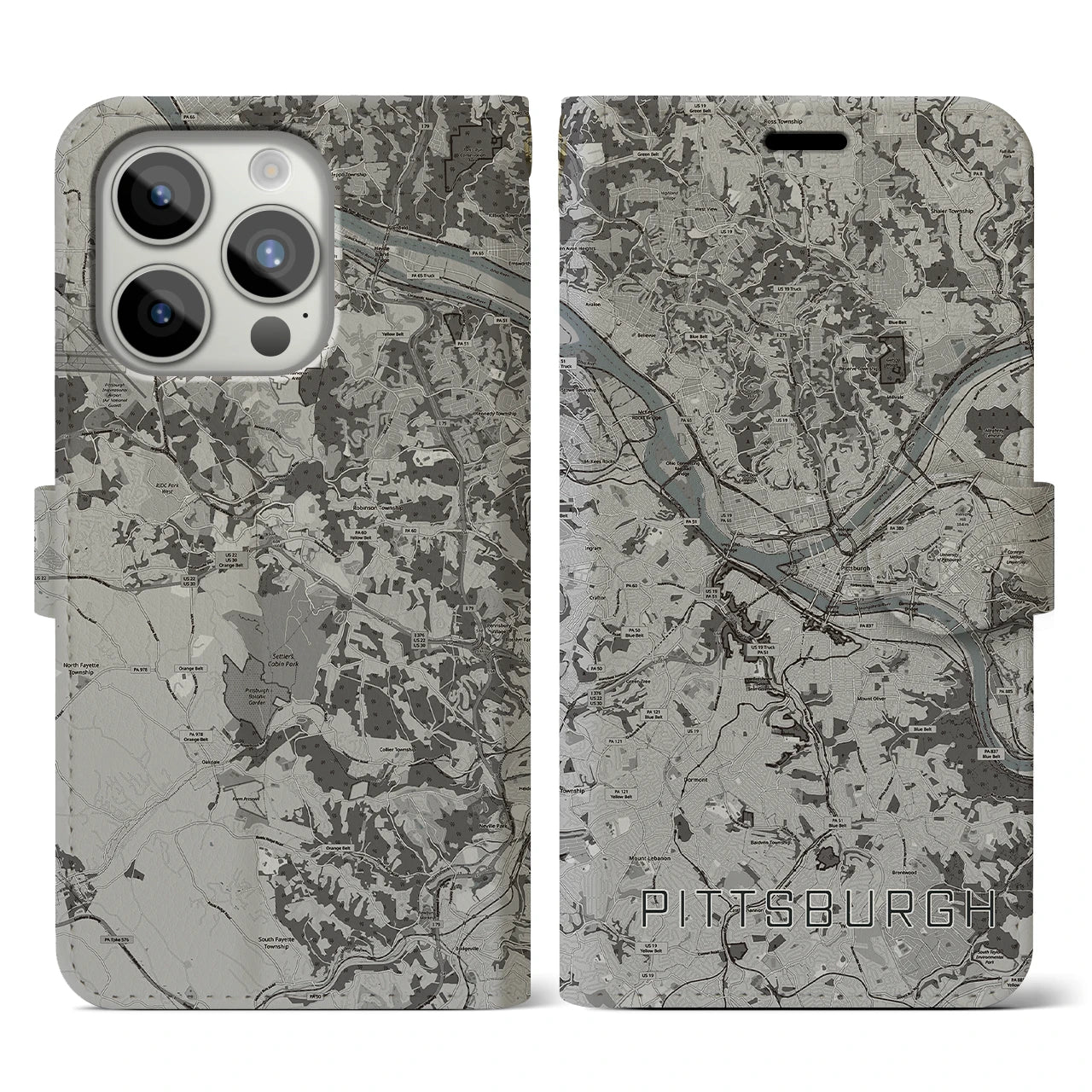 【ピッツバーグ(アメリカ)】地図柄iPhoneケース(手帳タイプ)モノトーン・iPhone 15 Pro 用