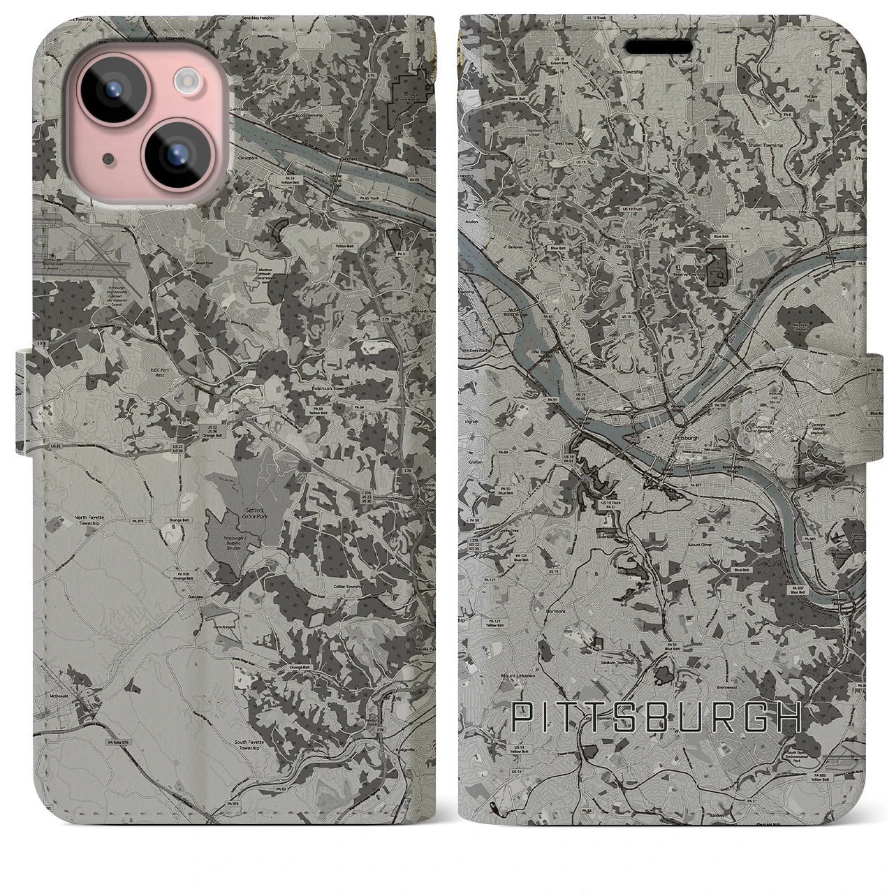 【ピッツバーグ(アメリカ)】地図柄iPhoneケース(手帳タイプ)モノトーン・iPhone 15 Plus 用