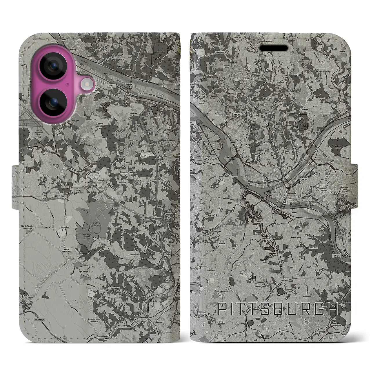 【ピッツバーグ(アメリカ)】地図柄iPhoneケース(手帳タイプ)モノトーン・iPhone 16 Pro 用