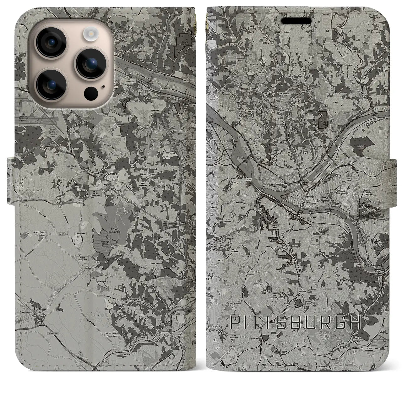 【ピッツバーグ(アメリカ)】地図柄iPhoneケース(手帳タイプ)モノトーン・iPhone 16 Plus 用