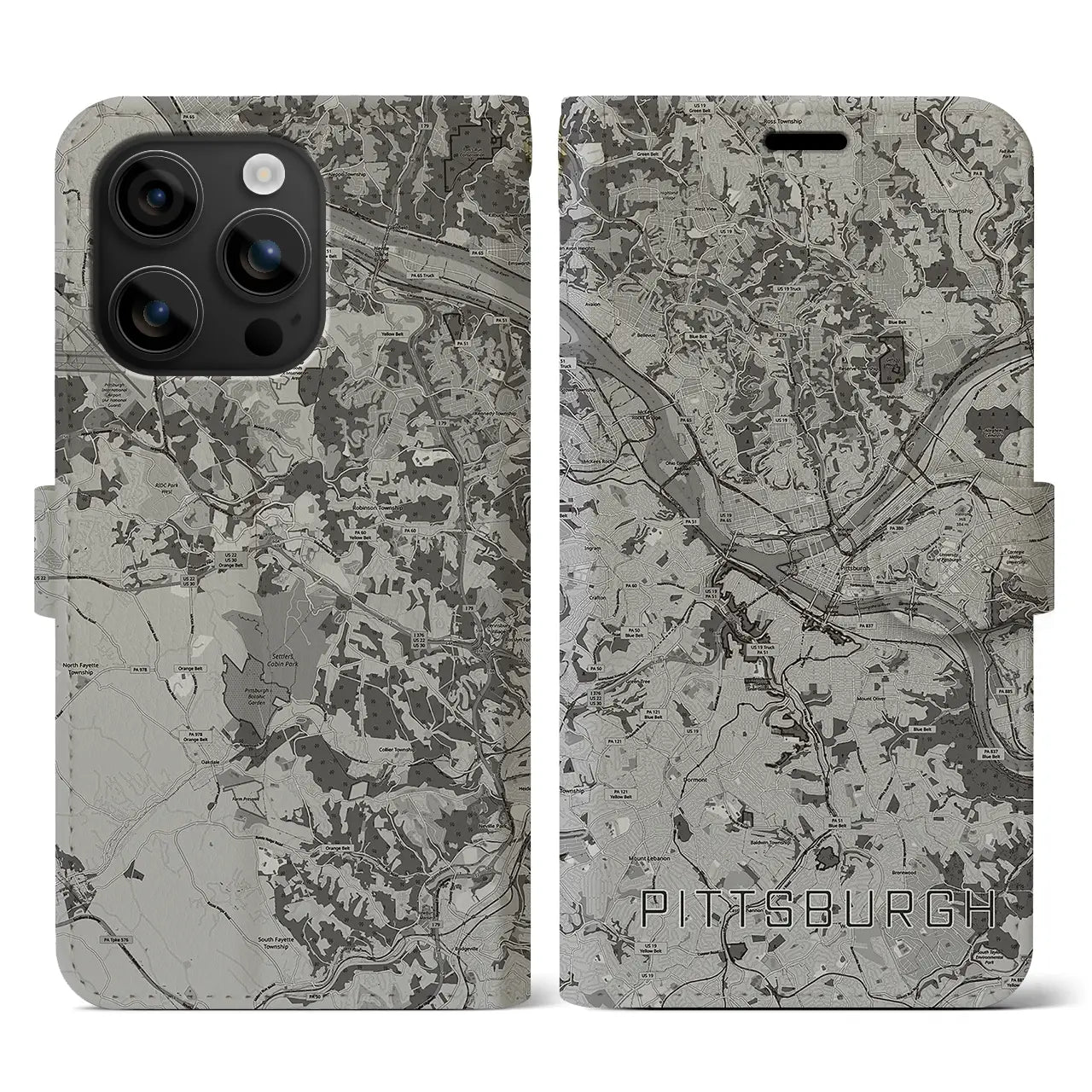 【ピッツバーグ(アメリカ)】地図柄iPhoneケース(手帳タイプ)モノトーン・iPhone 16 用