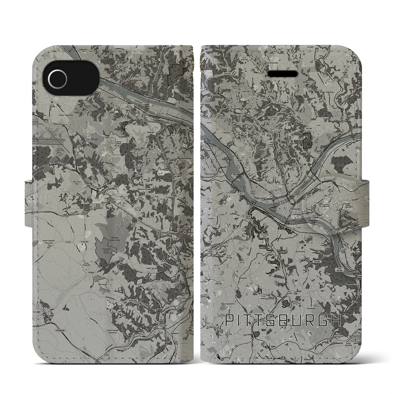 【ピッツバーグ(アメリカ)】地図柄iPhoneケース(手帳タイプ)モノトーン・iPhone SE(第3 / 第2世代) / 8 / 7 / 6s / 6 用