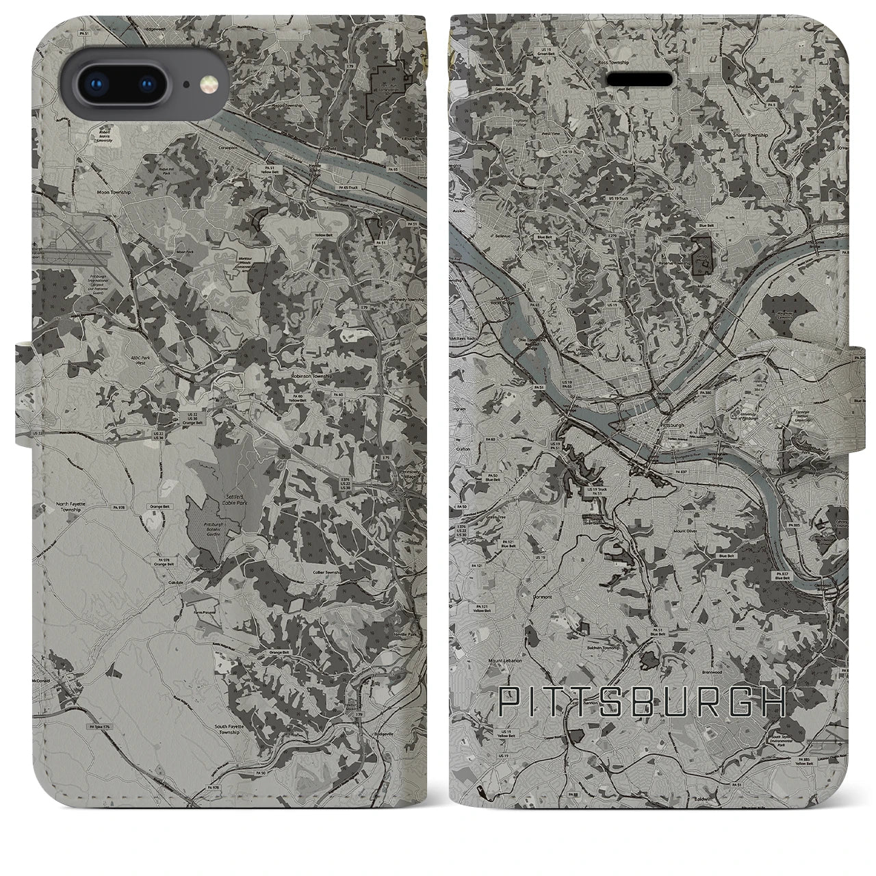 【ピッツバーグ(アメリカ)】地図柄iPhoneケース(手帳タイプ)モノトーン・iPhone 8Plus /7Plus / 6sPlus / 6Plus 用