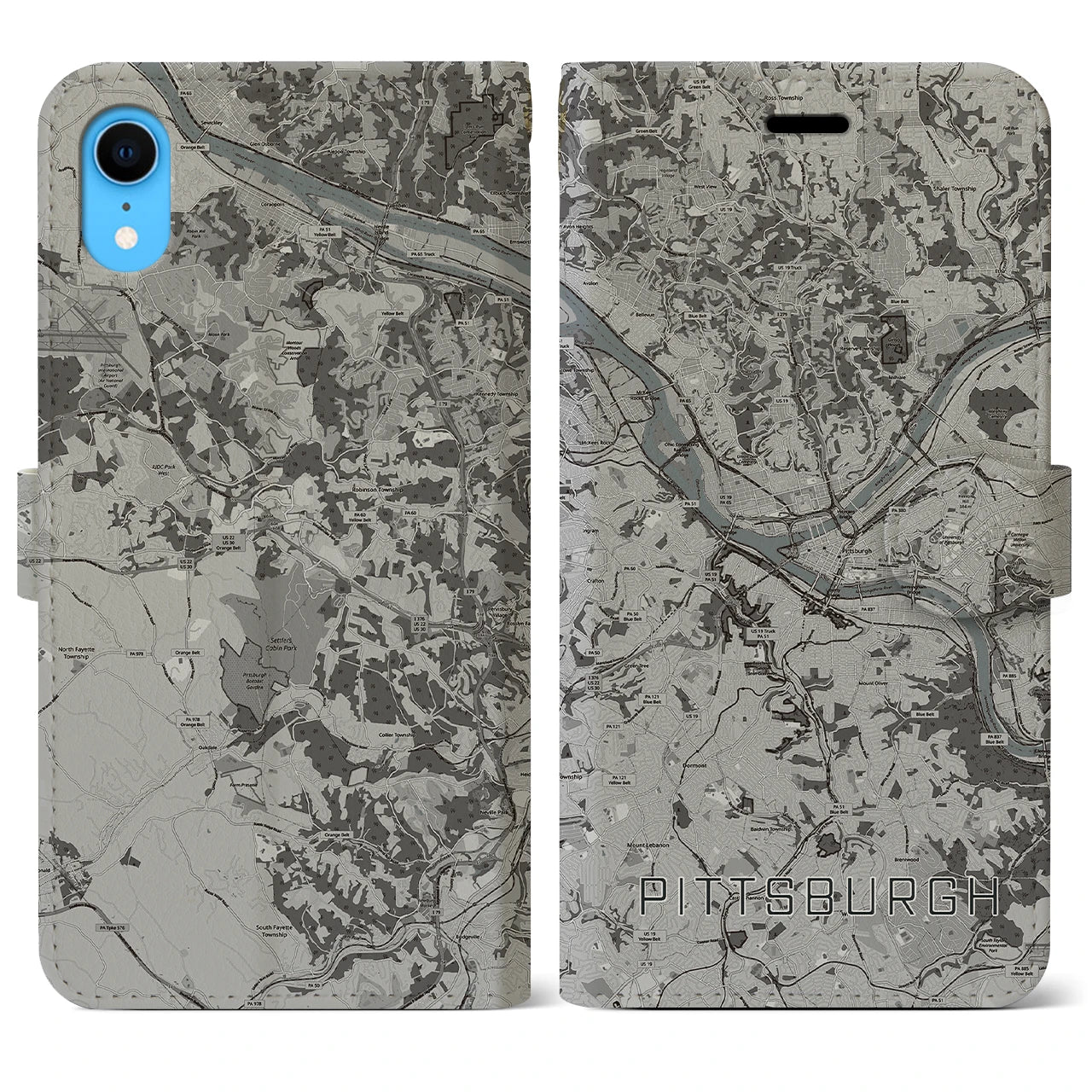 【ピッツバーグ(アメリカ)】地図柄iPhoneケース(手帳タイプ)モノトーン・iPhone XR 用