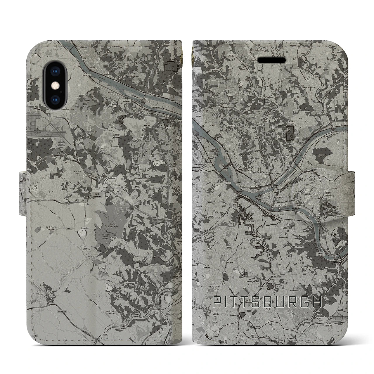 【ピッツバーグ(アメリカ)】地図柄iPhoneケース(手帳タイプ)モノトーン・iPhone XS / X 用