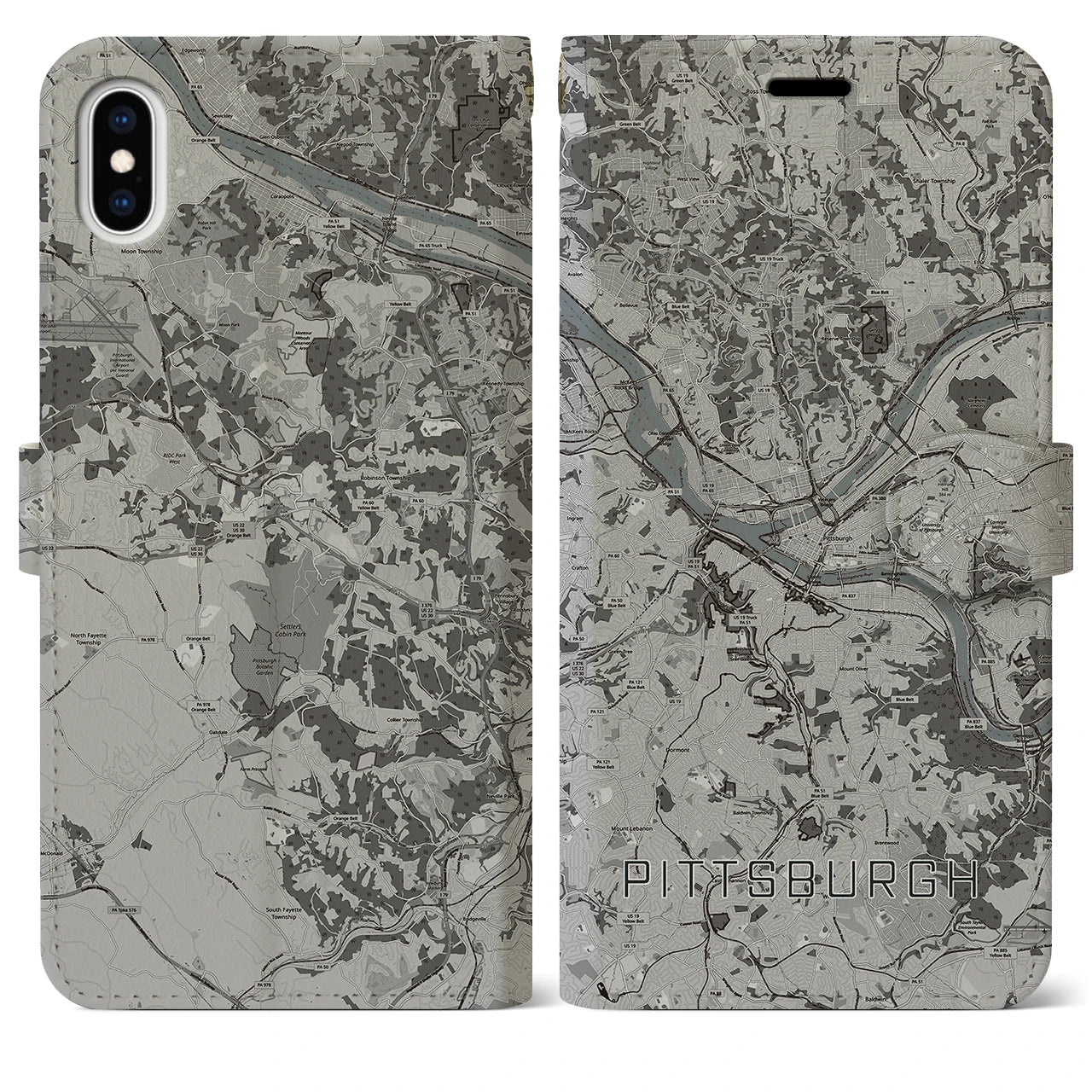 【ピッツバーグ(アメリカ)】地図柄iPhoneケース(手帳タイプ)モノトーン・iPhone XS Max 用
