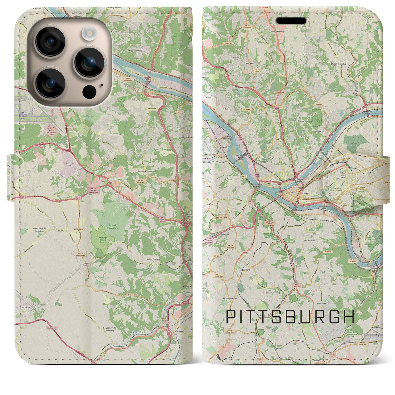 【ピッツバーグ(アメリカ)】地図柄iPhoneケース(手帳タイプ)ナチュラル・iPhone 16 Plus 用