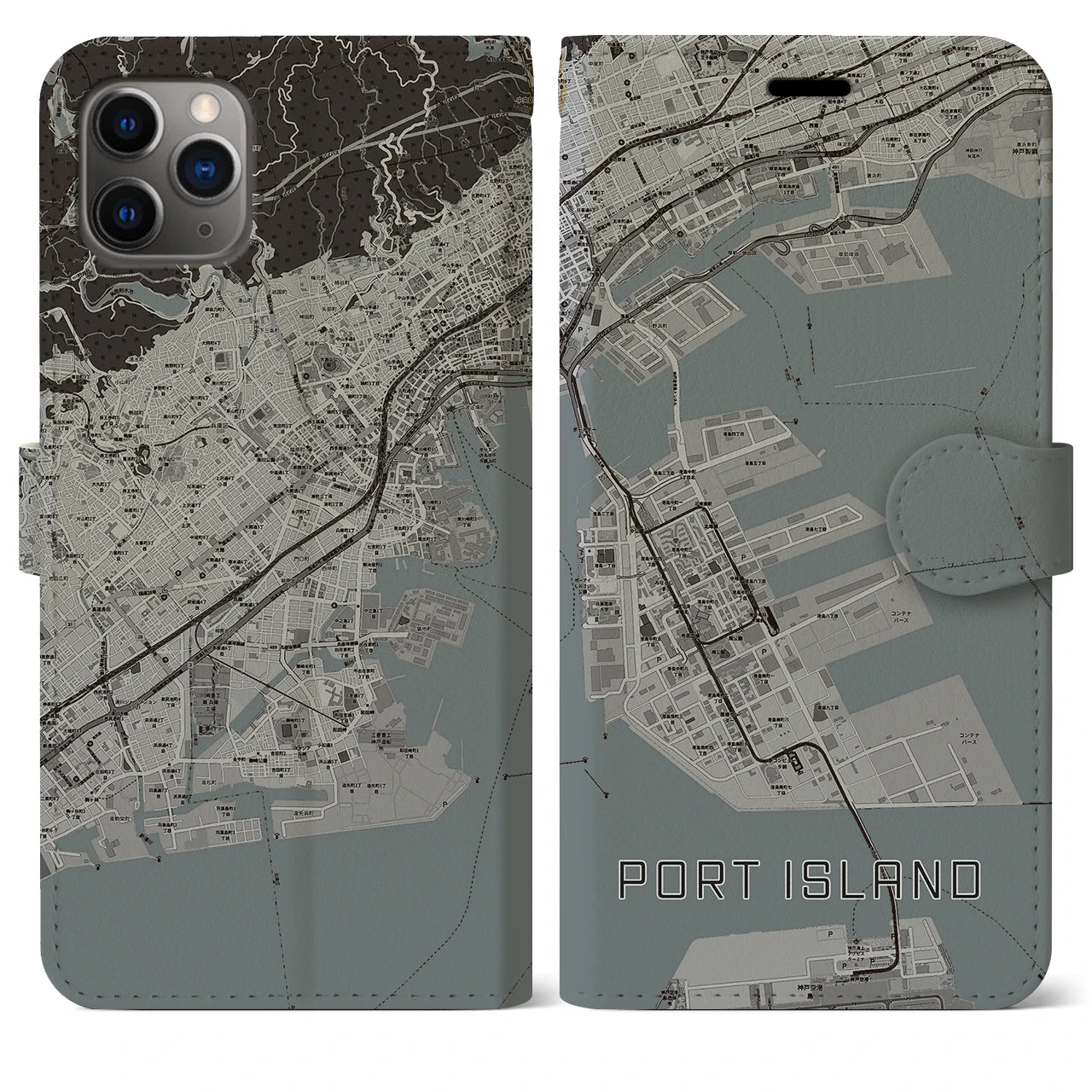 【ポートアイランド(兵庫県)】地図柄iPhoneケース(手帳タイプ)モノトーン・iPhone 11 Pro Max 用