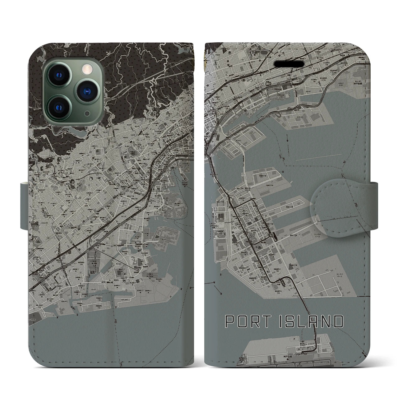 【ポートアイランド(兵庫県)】地図柄iPhoneケース(手帳タイプ)モノトーン・iPhone 11 Pro 用