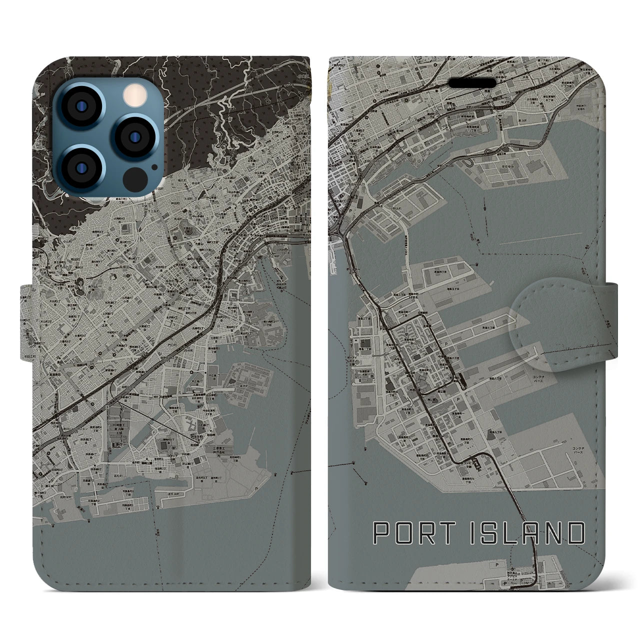 【ポートアイランド(兵庫県)】地図柄iPhoneケース(手帳タイプ)モノトーン・iPhone 12 / 12 Pro 用