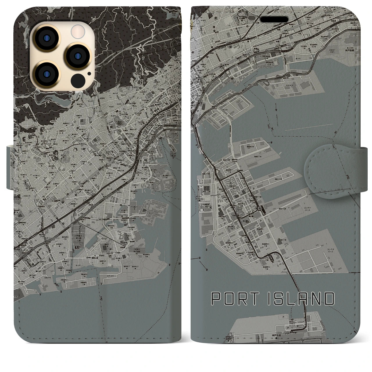【ポートアイランド(兵庫県)】地図柄iPhoneケース(手帳タイプ)モノトーン・iPhone 12 Pro Max 用
