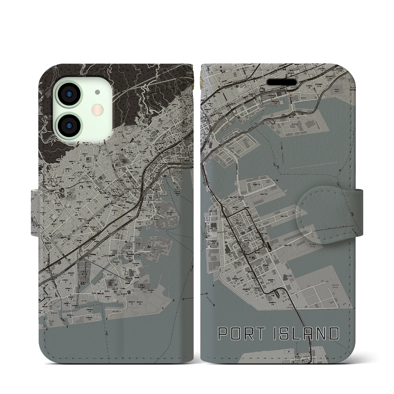 【ポートアイランド(兵庫県)】地図柄iPhoneケース(手帳タイプ)モノトーン・iPhone 12 mini 用