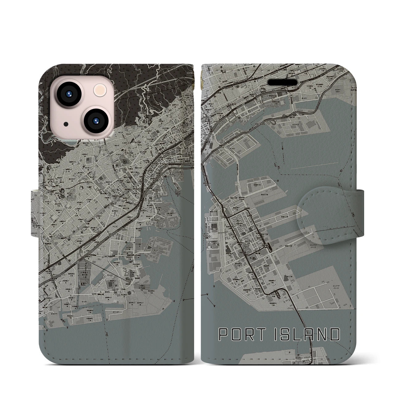 【ポートアイランド(兵庫県)】地図柄iPhoneケース(手帳タイプ)モノトーン・iPhone 13 mini 用