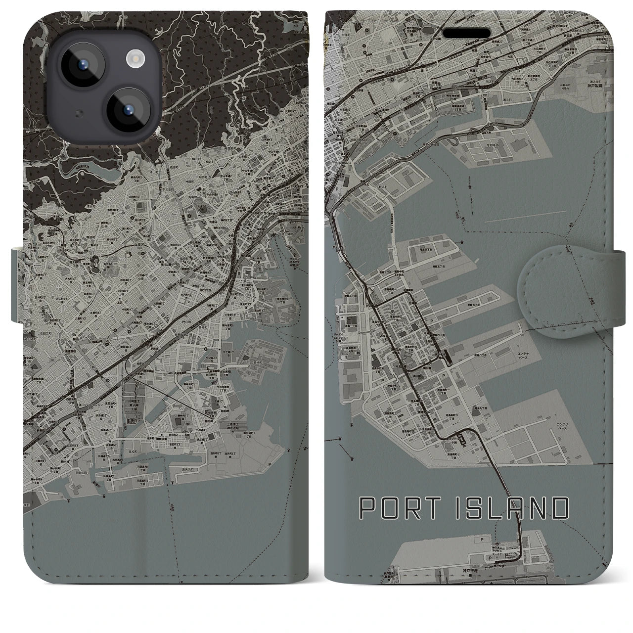 【ポートアイランド(兵庫県)】地図柄iPhoneケース(手帳タイプ)モノトーン・iPhone 14 Plus 用