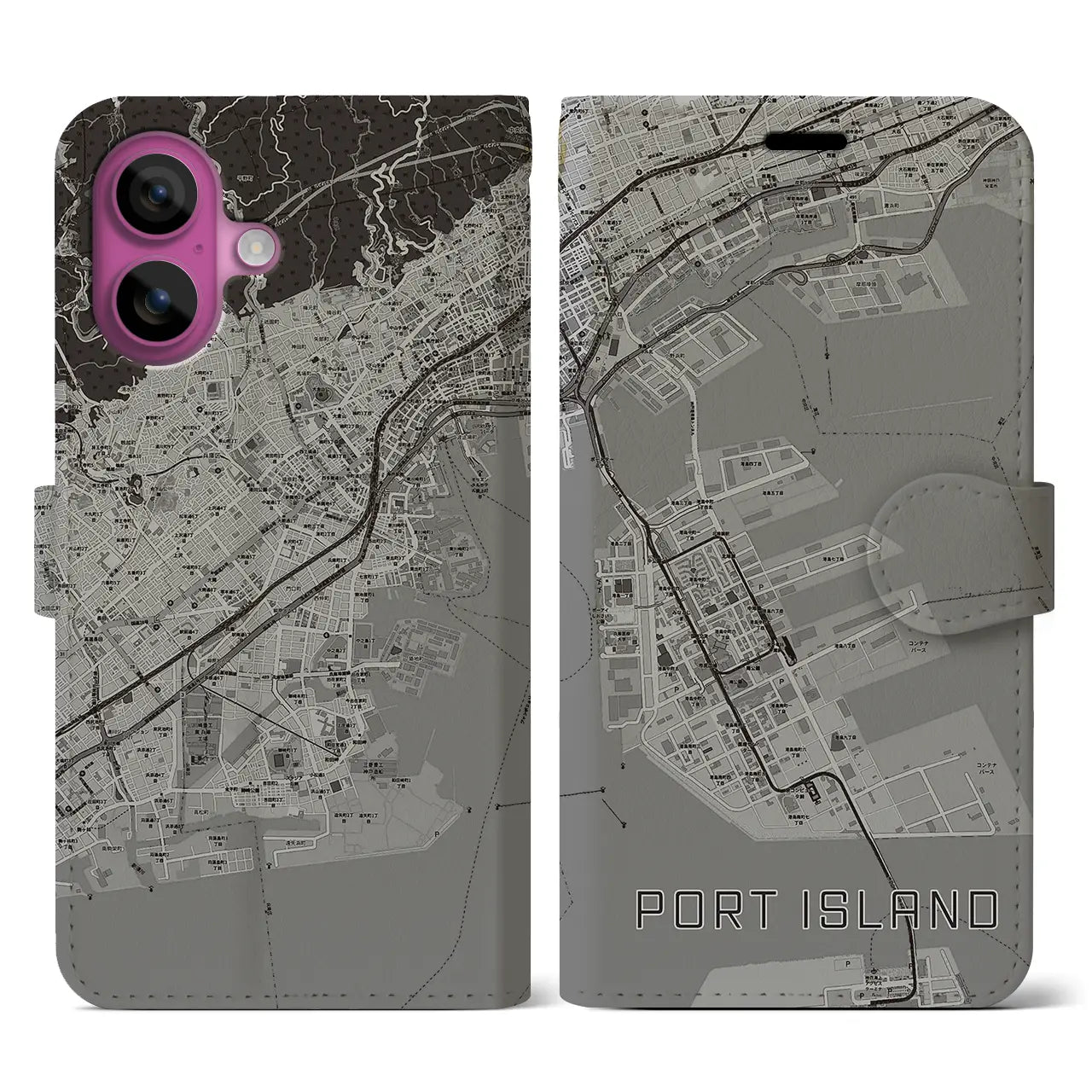 【ポートアイランド(兵庫県)】地図柄iPhoneケース(手帳タイプ)モノトーン・iPhone 16 Pro 用