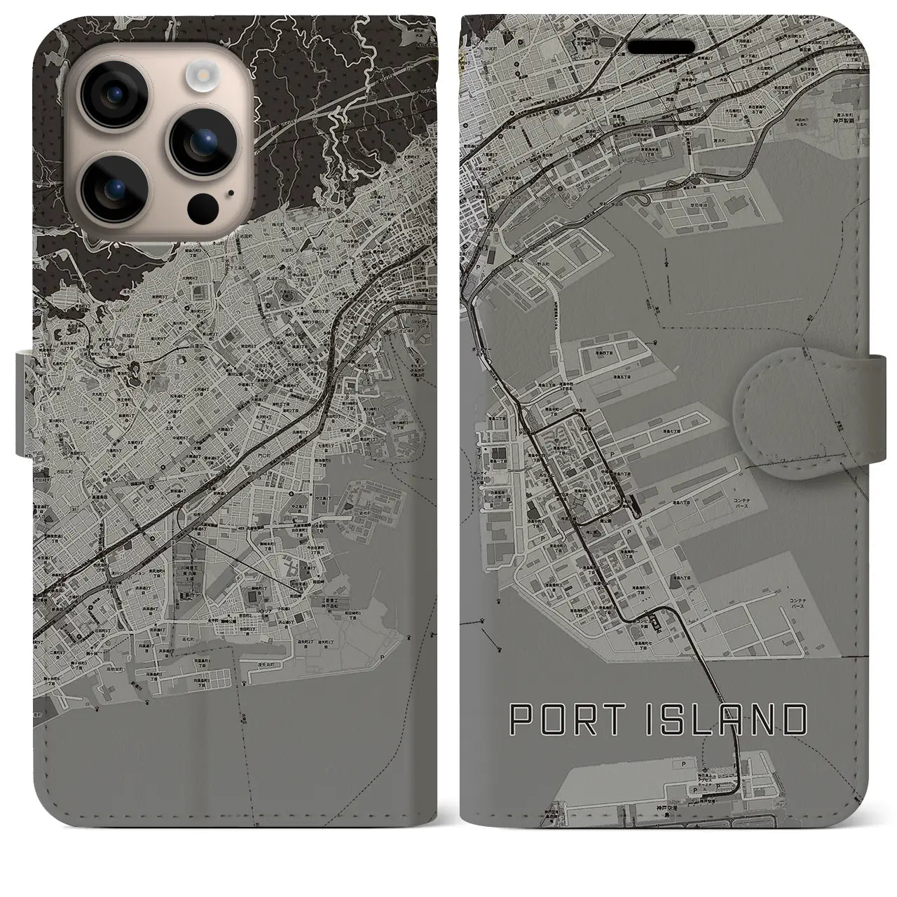 【ポートアイランド(兵庫県)】地図柄iPhoneケース(手帳タイプ)モノトーン・iPhone 16 Plus 用