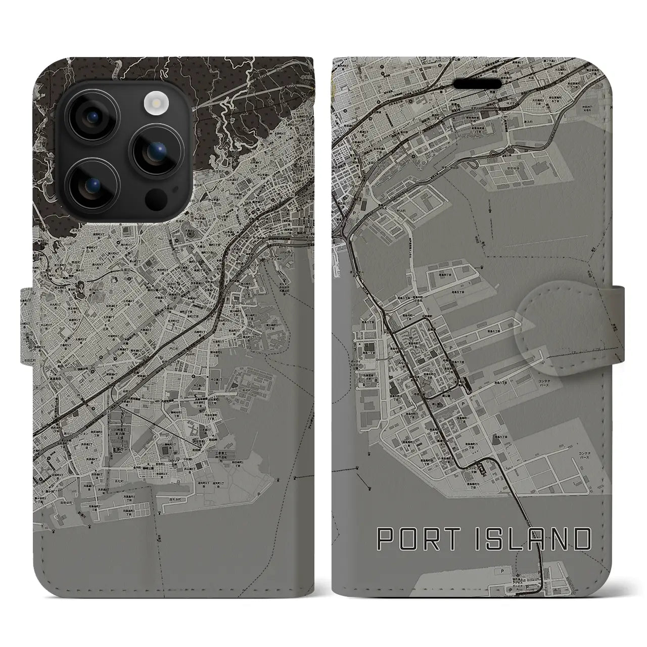 【ポートアイランド(兵庫県)】地図柄iPhoneケース(手帳タイプ)モノトーン・iPhone 16 用