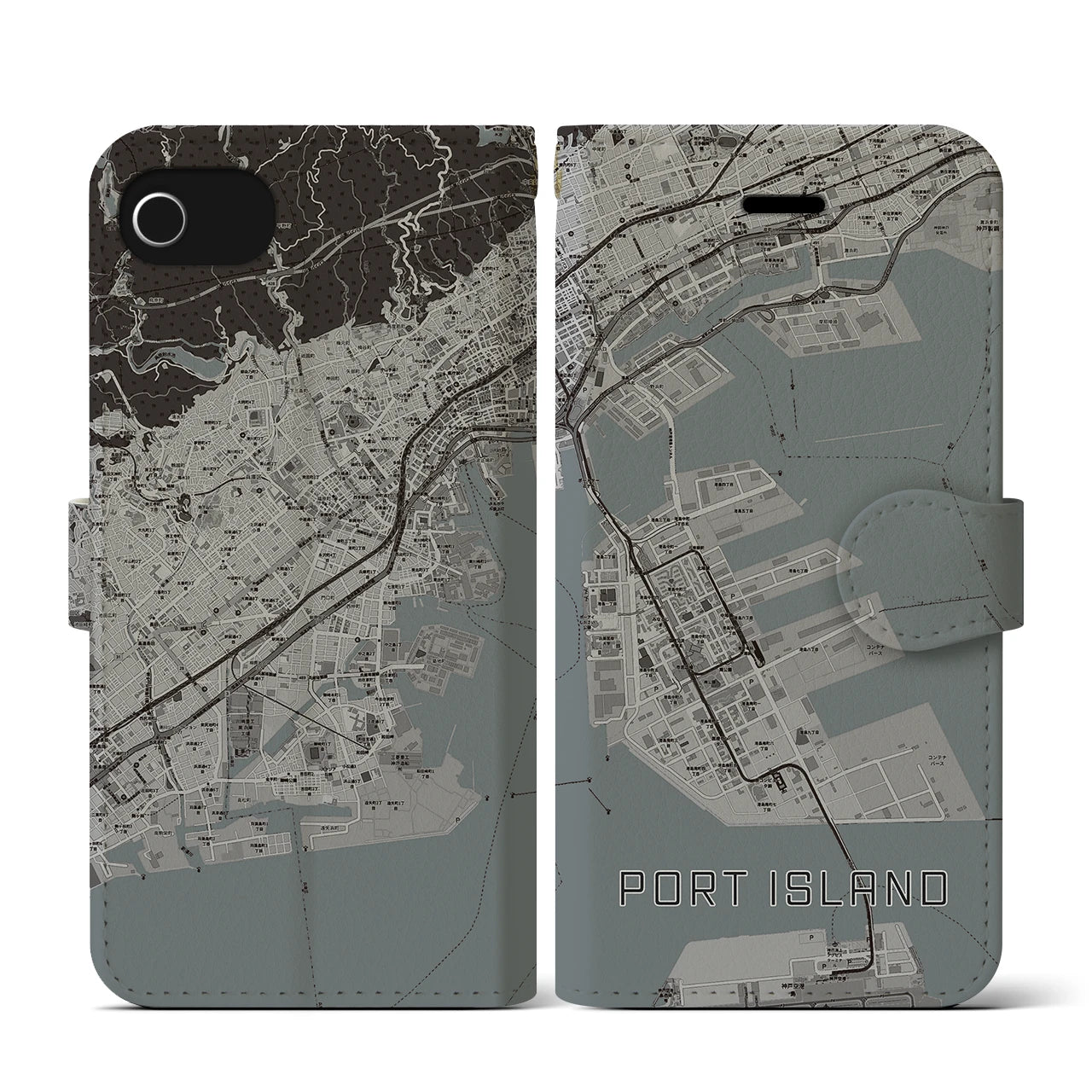 【ポートアイランド(兵庫県)】地図柄iPhoneケース(手帳タイプ)モノトーン・iPhone SE(第3 / 第2世代) / 8 / 7 / 6s / 6 用