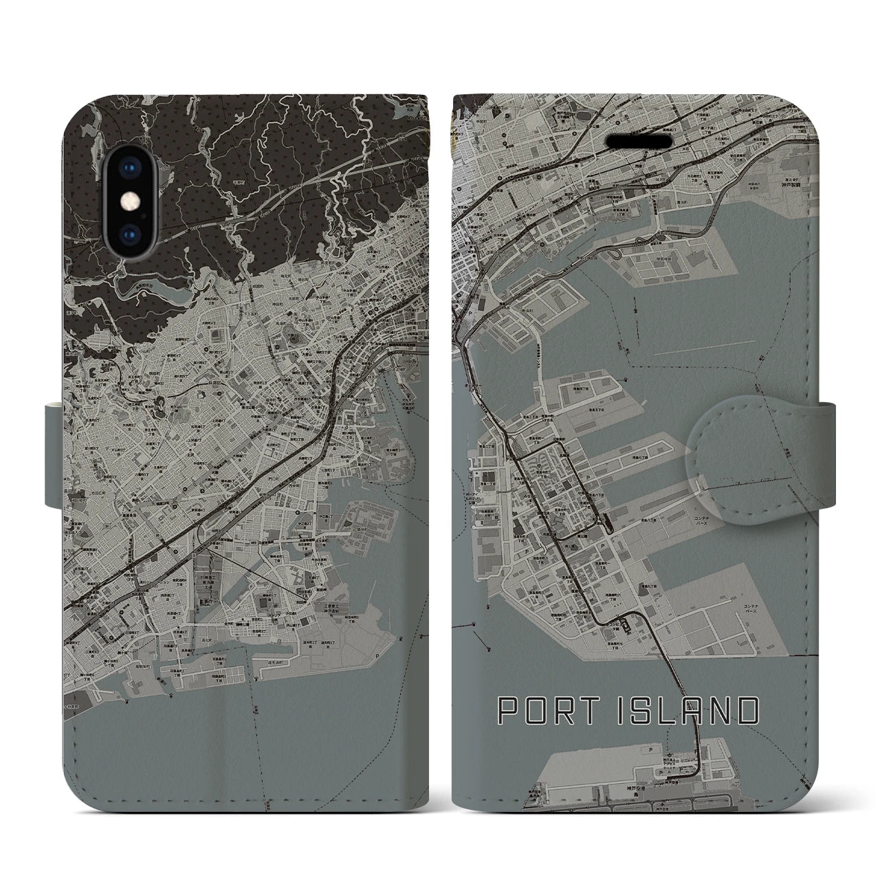 【ポートアイランド(兵庫県)】地図柄iPhoneケース(手帳タイプ)モノトーン・iPhone XS / X 用