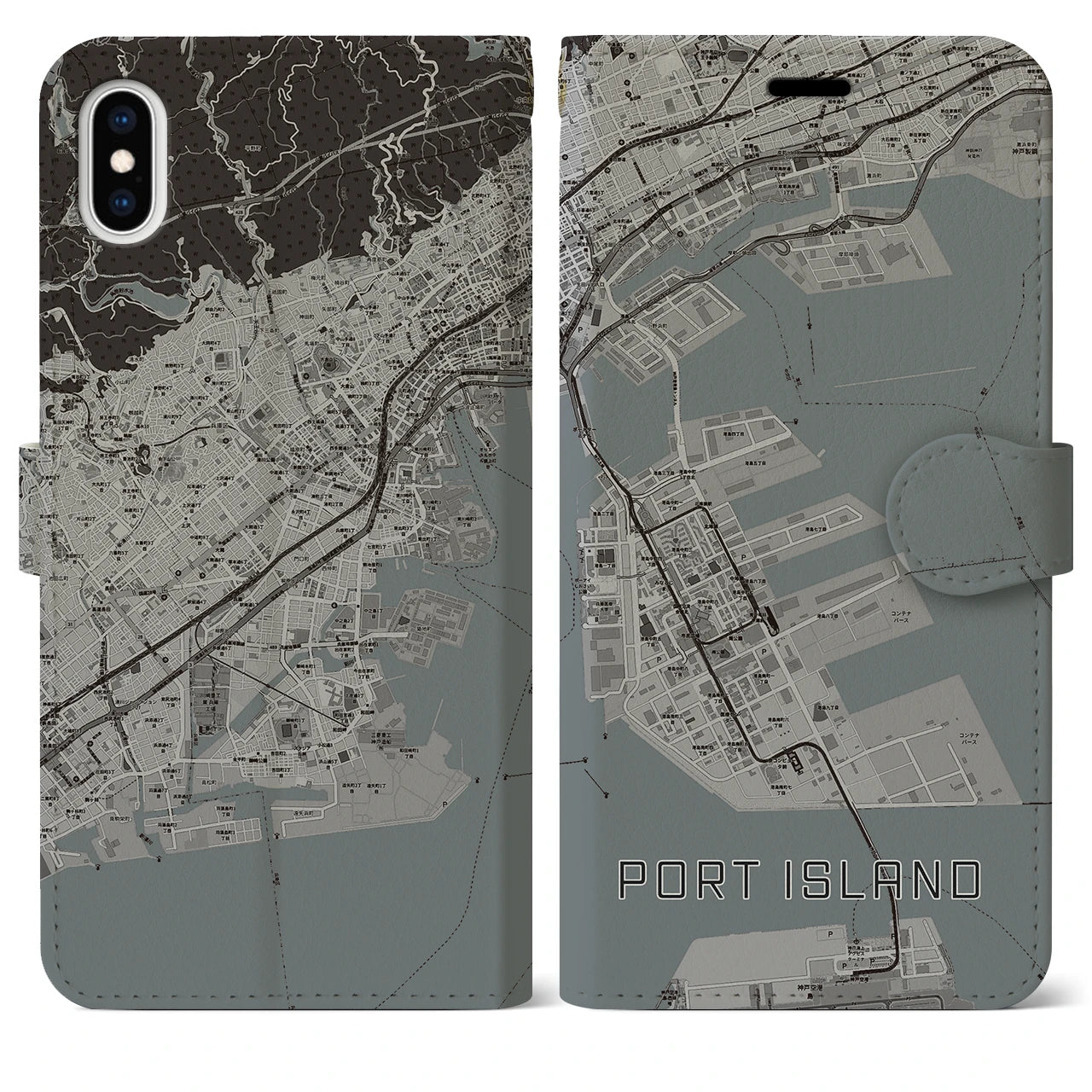 【ポートアイランド(兵庫県)】地図柄iPhoneケース(手帳タイプ)モノトーン・iPhone XS Max 用